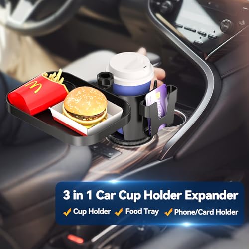 KDD Car Cup Holder Expander - 3 in 1 Cup Holder Adapter with Adjustable Base - Detachable Phone Holder & 360° Rotation Food Tray for Car - Compatible with Vehicles, Car, Road Trip Essentials‼️missing a phone holder‼️